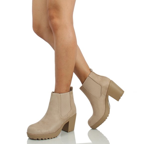 Light Wheat Faux Suede Chelsea Round Toe Lug Ankle Bootie - Picture 5 of 6